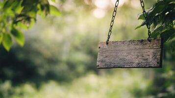 Wooden sign hanging from tree branches in a lush green garden on a sunny day photo