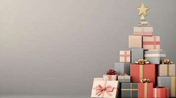 Elegant stacked gift boxes arranged like a Christmas tree in soft pastel colors with a star topper photo
