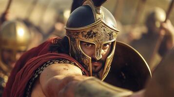 Warrior wearing ancient armor brandishing a spear during a historic battle at dawn photo