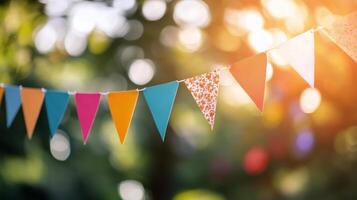 Colorful string of festival bunting decorations in a sunlit outdoor setting during the afternoon photo
