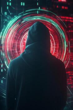 Mysterious figure in hoodie standing against digital data streams at night photo