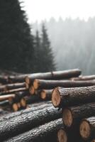 Stacked logs resting in a forest with misty mountains in the background during daytime photo