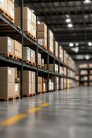 A large warehouse with organized shelves of cardboard boxes in daylight photo