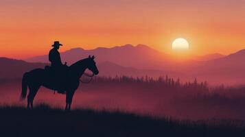 Silhouette of a cowboy on horseback against a vibrant sunset over misty mountains photo