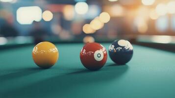 Billiard balls on a green felt table during a game in a lively bar setting photo