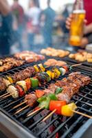 Grilling skewers with colorful vegetables and meat during a sunny afternoon barbecue gathering photo