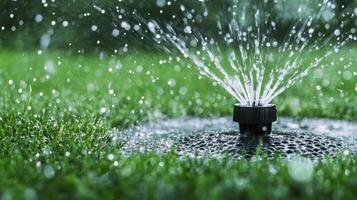 Close-up of a garden sprinkler spraying water on lush green plants during a sunny day photo