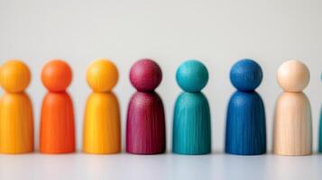 Colorful wooden figures lined up on a neutral background, celebrating diversity and inclusion photo