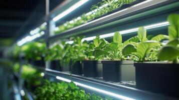 Indoor hydroponic garden with vibrant seedlings under grow lights in a modern urban setting photo