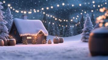 Winter evening in a cozy village decorated with lights and snow photo