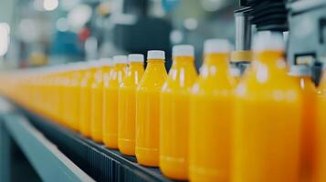 Bottles of orange juice moving along a production line in a busy factory during daylight hours photo