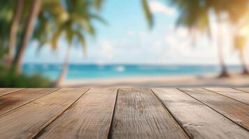 A wooden table with a seaside view of a tranquil beach and palm trees during sunny weather photo
