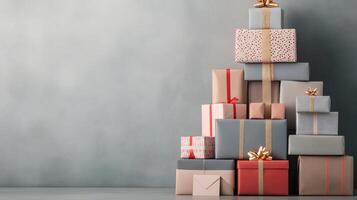 Elegant stacked gift boxes arranged like a Christmas tree in soft pastel colors with a star topper photo