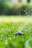 Sprinkler system irrigating lush green lawn on a sunny afternoon in a residential garden photo