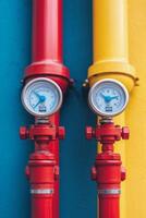 Detailed view of pressure gauge on yellow pipelines in a modern industrial facility photo