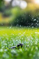 Sprinkler system irrigating lush green lawn on a sunny afternoon in a residential garden photo