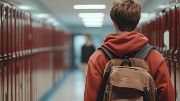 A high school student walks through a corridor lined with lockers during the school day photo