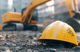 Construction site at sunset with a yellow hard hat on the ground and machinery in the background photo