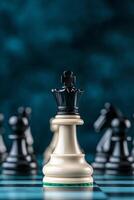 A close-up view of a white chess king surrounded by black chess pieces on a dark background photo
