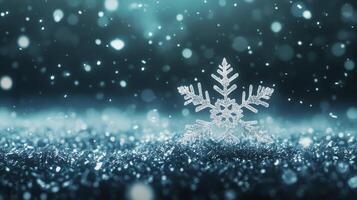 Beautiful snowflake resting on glittering frost under a serene winter sky at night photo