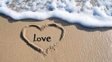 Heart-shaped love message written in sand near ocean waves on a sunny beach photo