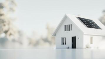 Modern white house with solar panels surrounded by greenery on a bright day photo