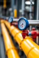 Detailed view of pressure gauge on yellow pipelines in a modern industrial facility photo
