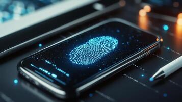 Close-up view of a smartphone displaying a blue fingerprint authentication graphic at night photo