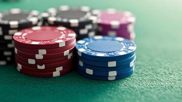 Colorful poker chips stacked on a green felt table in a casino setting during a game night photo