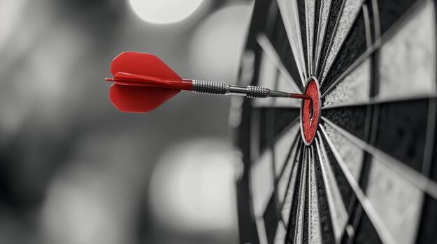 A red dart hits the bullseye on a dartboard in a competitive game at night photo