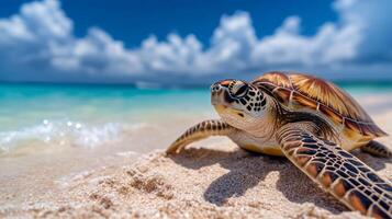 A turtle resting on the sandy beach under a vibrant sky near the turquoise ocean waters photo