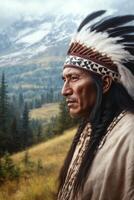 A Native American chief standing proudly on a mountain overlooking a vast valley at sunrise photo