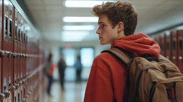 A high school student walks through a corridor lined with lockers during the school day photo