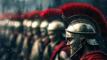 Spartan warriors in full armor marching in formation under snow-covered skies during ancient times photo