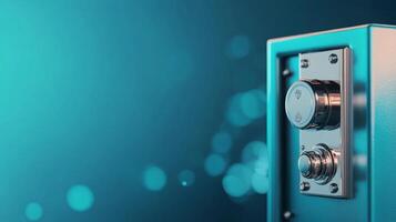 Person turning a round door knob on a vibrant teal door in a modern entryway setting photo