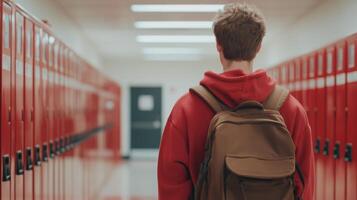 A high school student walks through a corridor lined with lockers during the school day photo