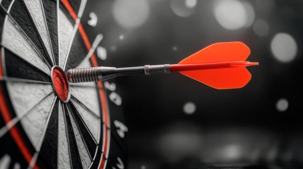 A red dart hits the bullseye on a dartboard in a competitive game at night photo