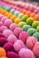 Colorful collection of yarn balls arranged in rows showcasing vibrant hues for crafting photo