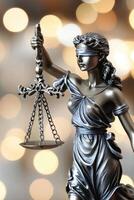 Lady Justice statue holding balanced scales outdoors with bokeh lights in the background photo
