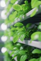Modern indoor farming with vertical hydroponic systems showcasing thriving green plants photo