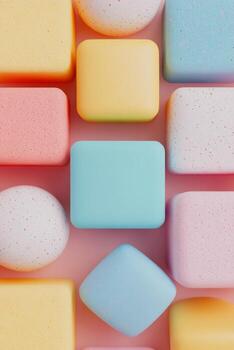 Colorful geometric shapes scattered on a vibrant blue background for creative design projects photo