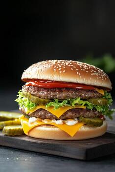 Mouthwatering double cheeseburger stacked with lettuce, pickles, and ketchup on a rustic table photo