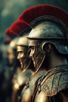 Ancient warriors in elaborate armor stand ready for battle under a cloudy sky photo