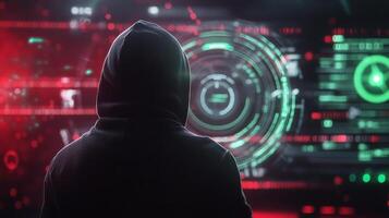 A hooded figure analyzes data on digital screens in a dimly lit environment at night photo