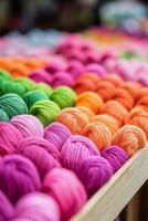 Colorful collection of yarn balls arranged in rows showcasing vibrant hues for crafting photo