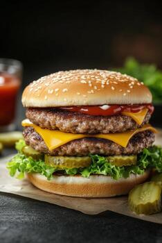 Mouthwatering double cheeseburger stacked with lettuce, pickles, and ketchup on a rustic table photo