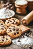 Warm chocolate chip cookies on a wooden board with baking supplies and festive decorations photo