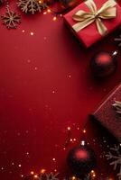 Festive arrangement of Christmas ornaments, a gift box, and snowflakes on a vibrant red background photo