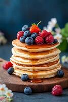 Delicious stack of pancakes topped with fresh berries and syrup on a wooden board photo