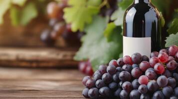 Grapes and wine bottle resting on a rustic wooden surface surrounded by green leaves photo